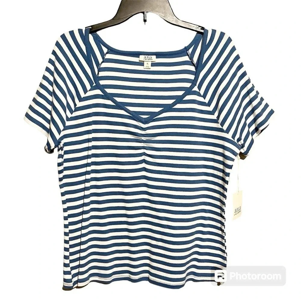 Ana Shirt Womens XL Blue White Sarah Striped Top Blouse Sweetheart Ladies Knit